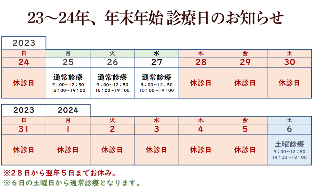 23年年末の休診日程